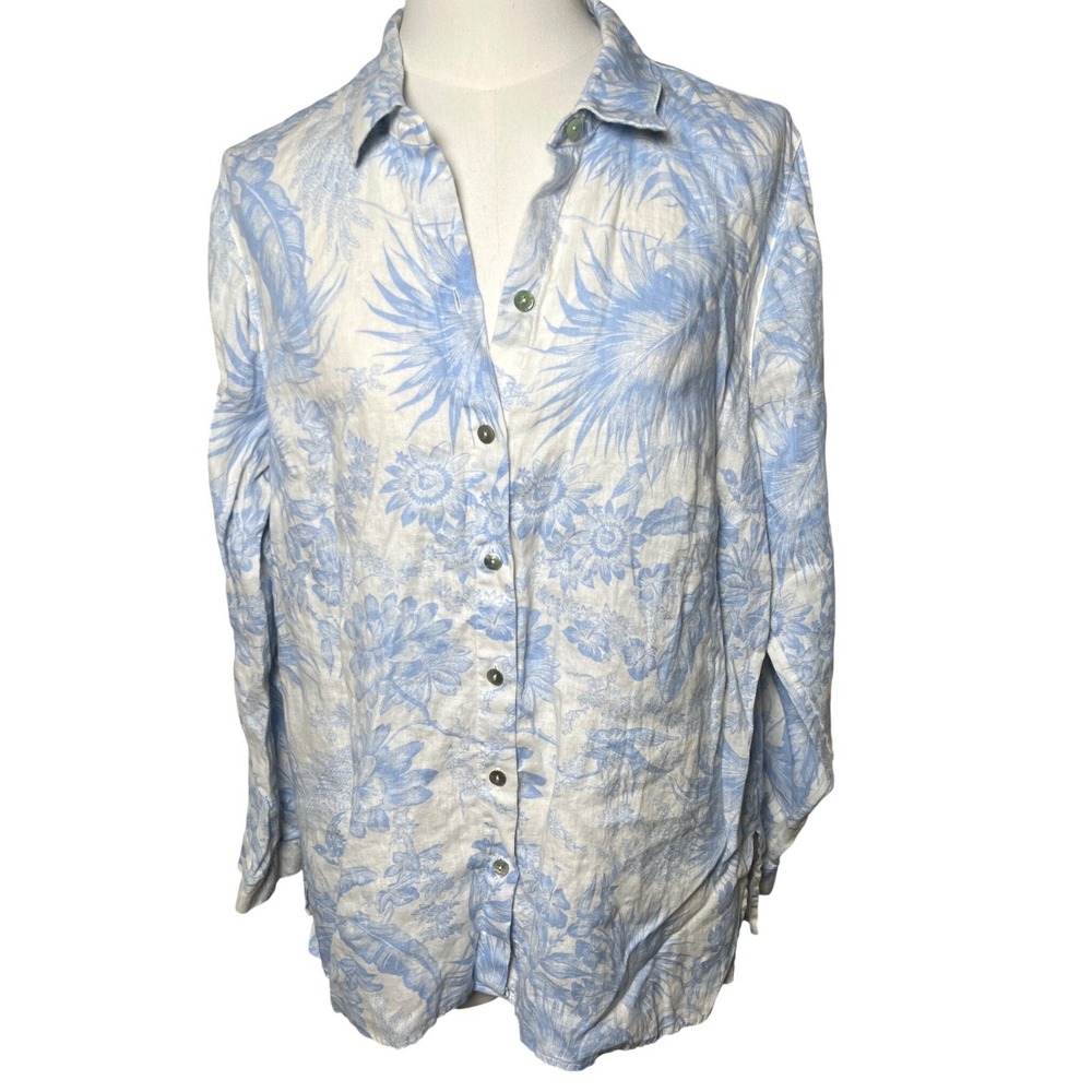 J Jill Love Linen Blue White Toile Print Linen Shirt Medium